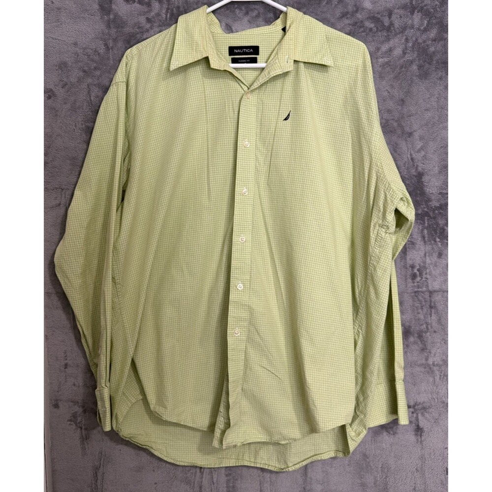 Nautica Classic Fit Green Gingham Check Button Up Shirt Men's 17.5 34/35 *Read*